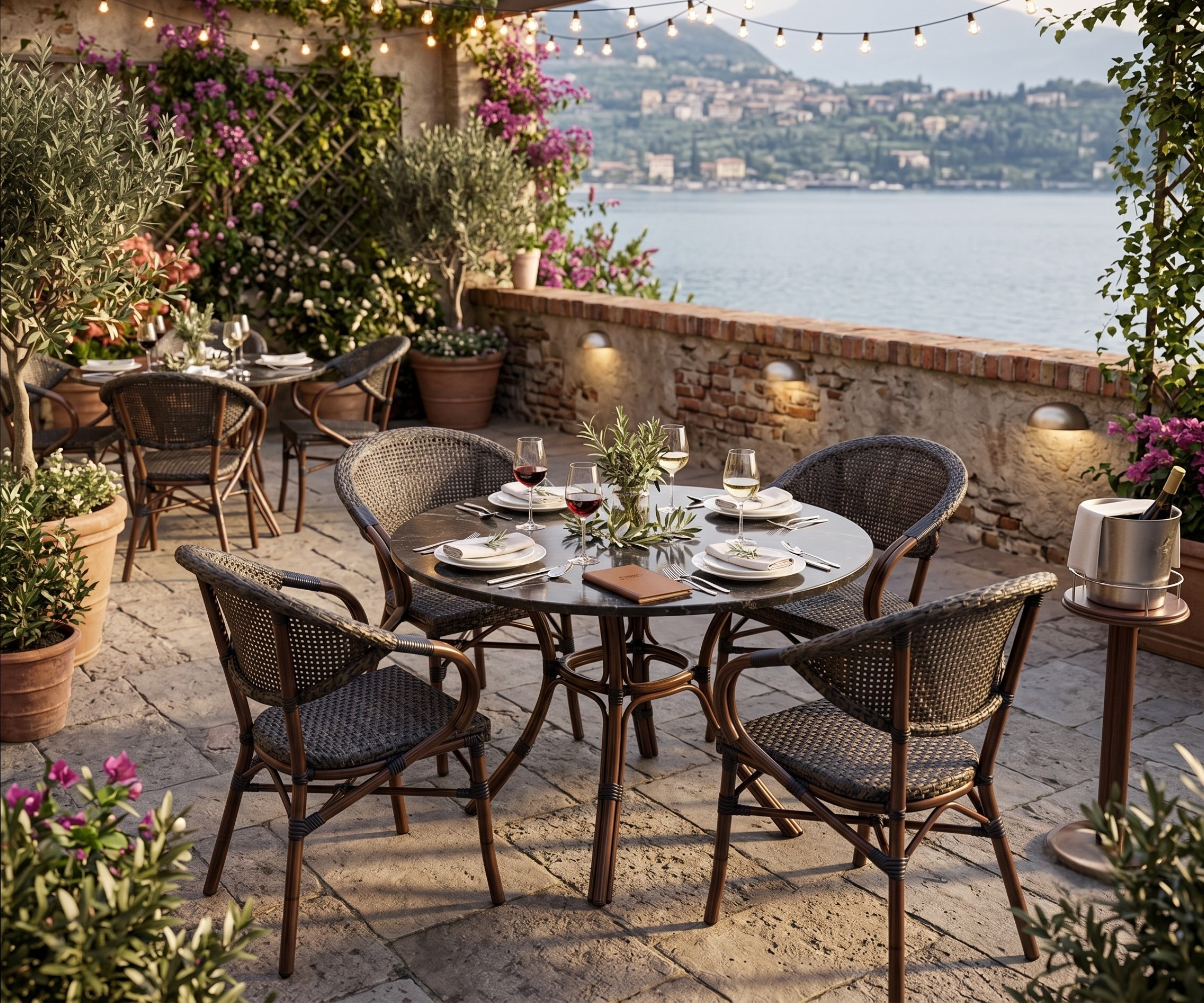 HD-S2618 outdoor chair black, woven bistro chairs at tables on a coastal terrace
