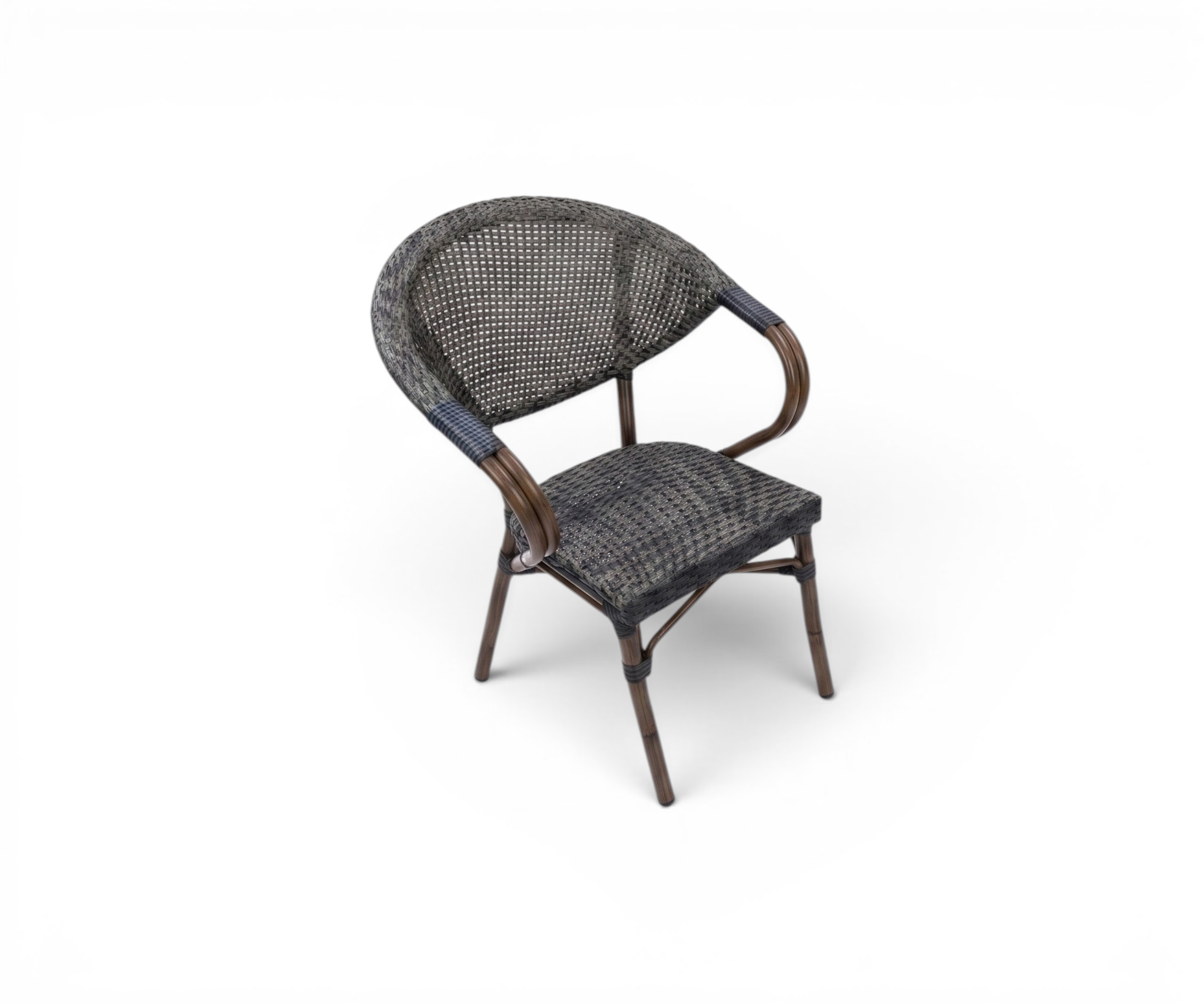 HD-S2618 outdoor chair black, woven bistro chairs at tables on a coastal terrace