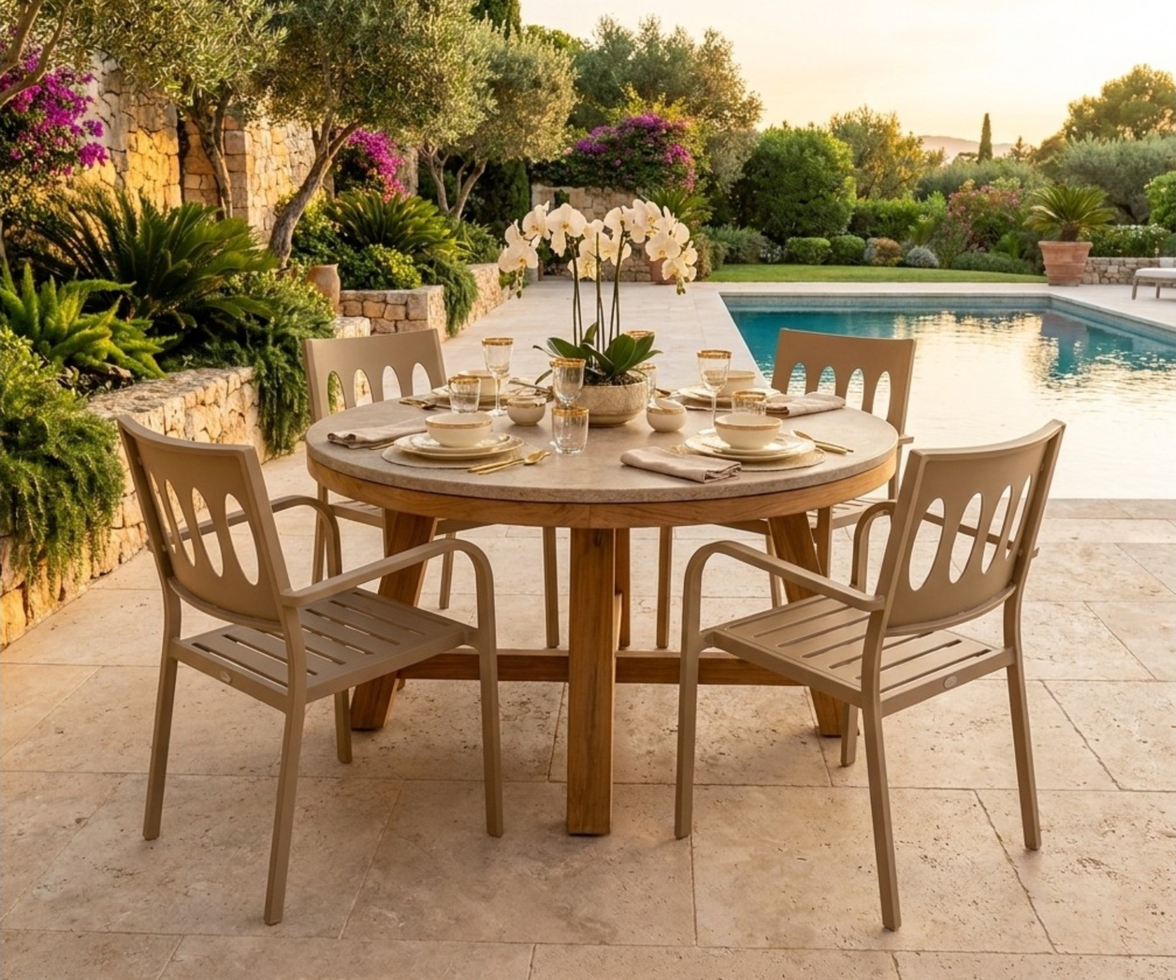 HD-X24 outdoor chair, chairs around a table on a poolside garden terrace
