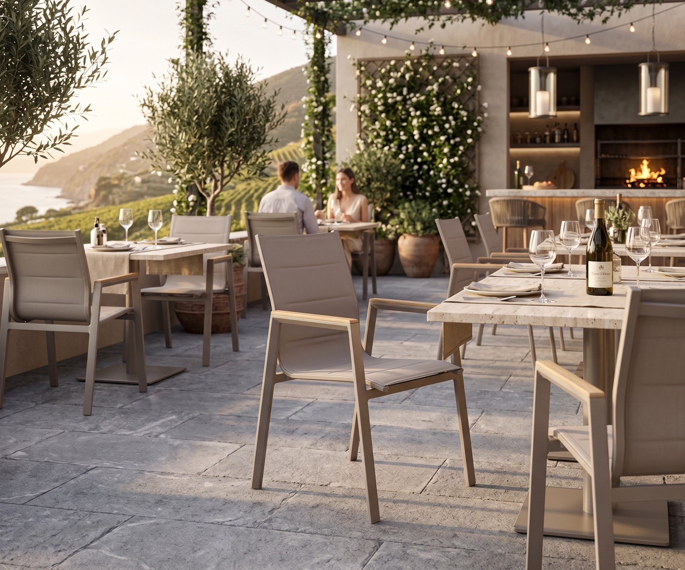 HD-X31 outdoor chair, sling chairs at tables on a coastal restaurant terrace
