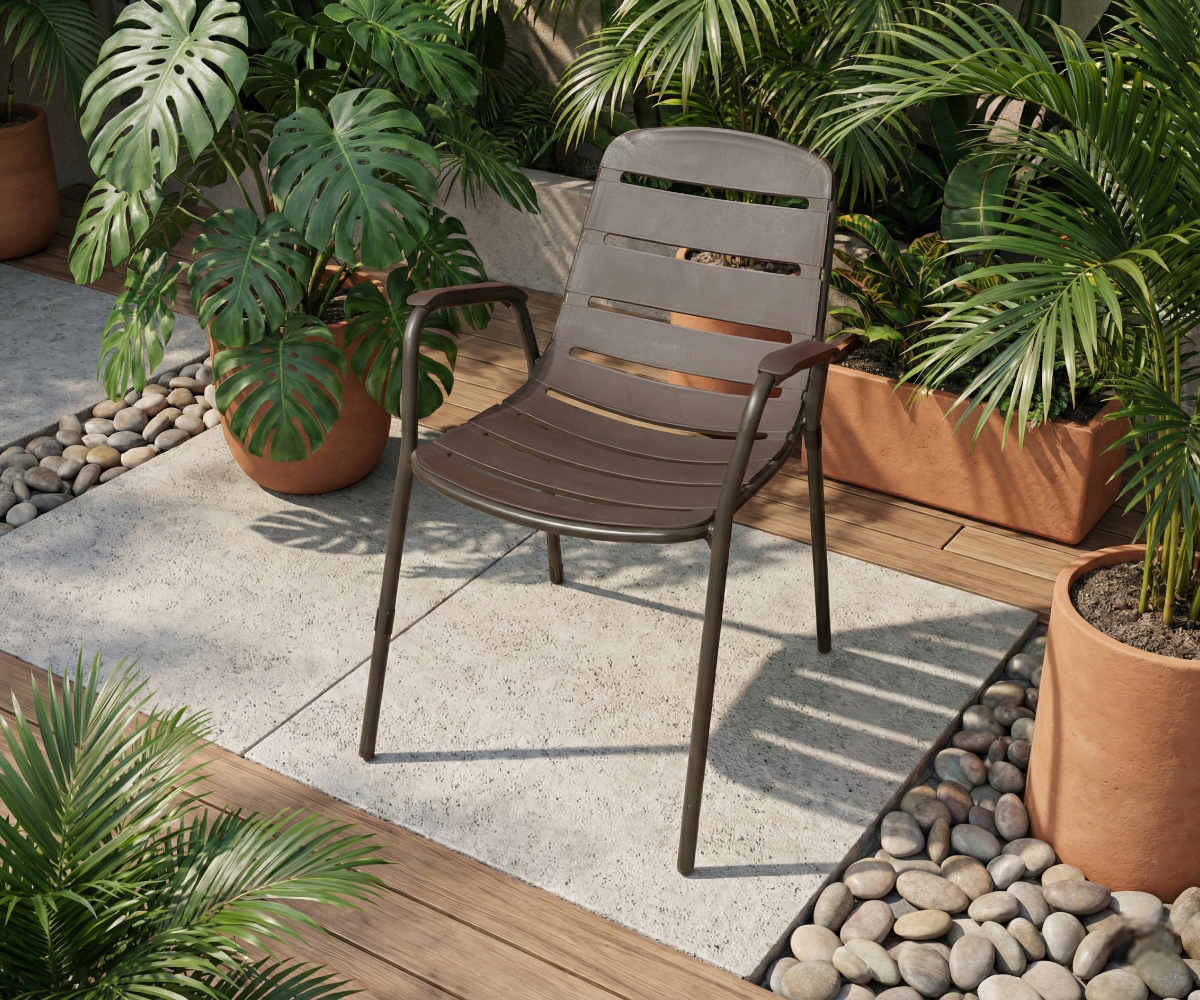 HD-X33 slatted metal armchair on a decked terrace among potted palms