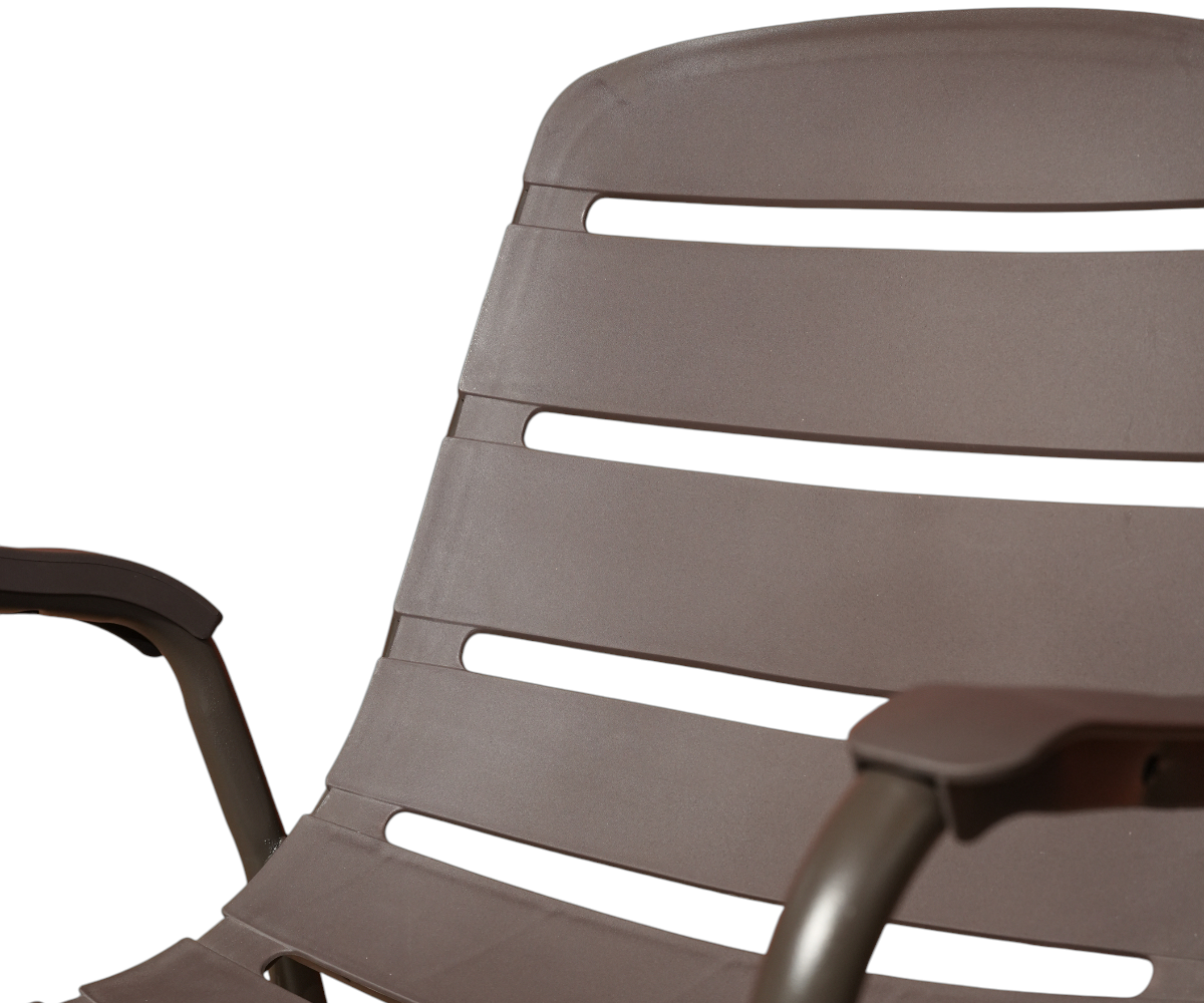 HD-X33 slatted metal armchair on a decked terrace among potted palms