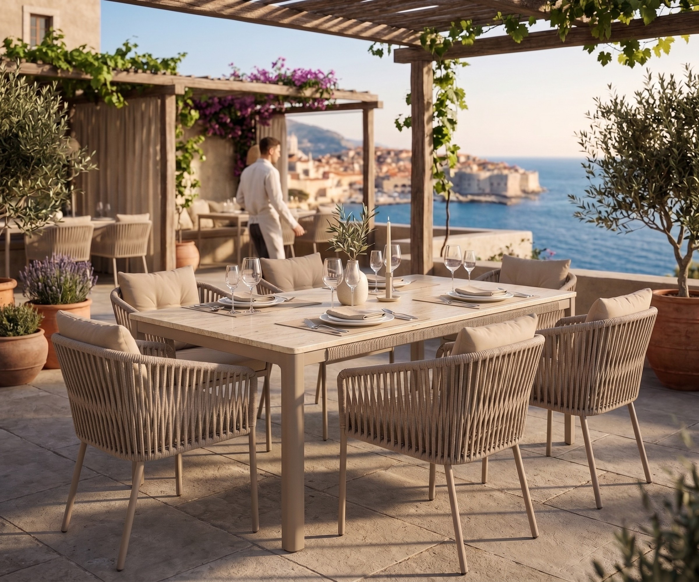 HD-X84 outdoor chair, rope-woven chairs at a table on a coastal terrace