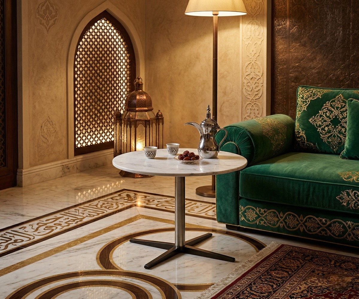 Heritage Dialogue cafe table in a majlis with a green sofa and brass lanterns