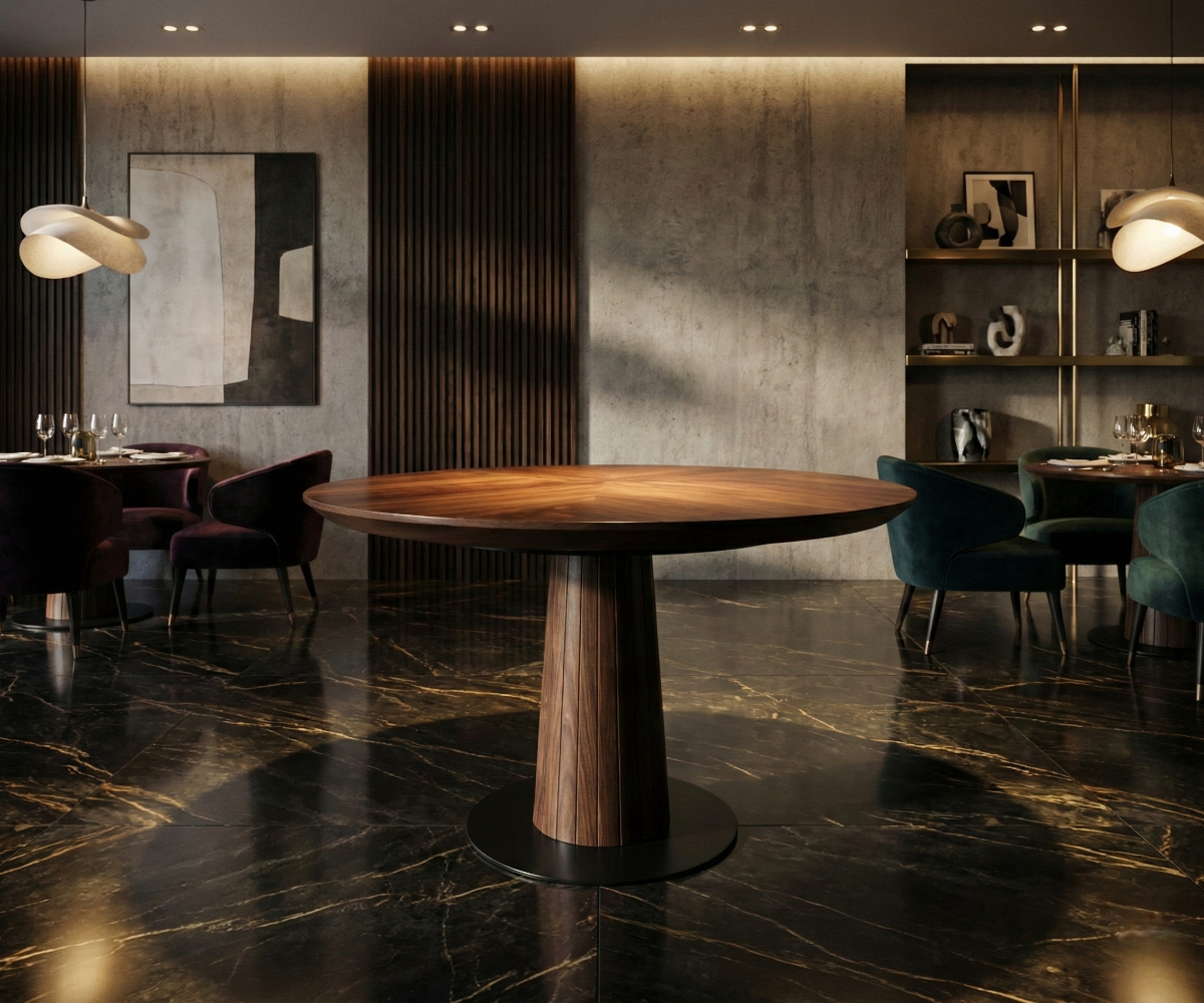 Horizon round pedestal table in a dark restaurant with fluted panelling