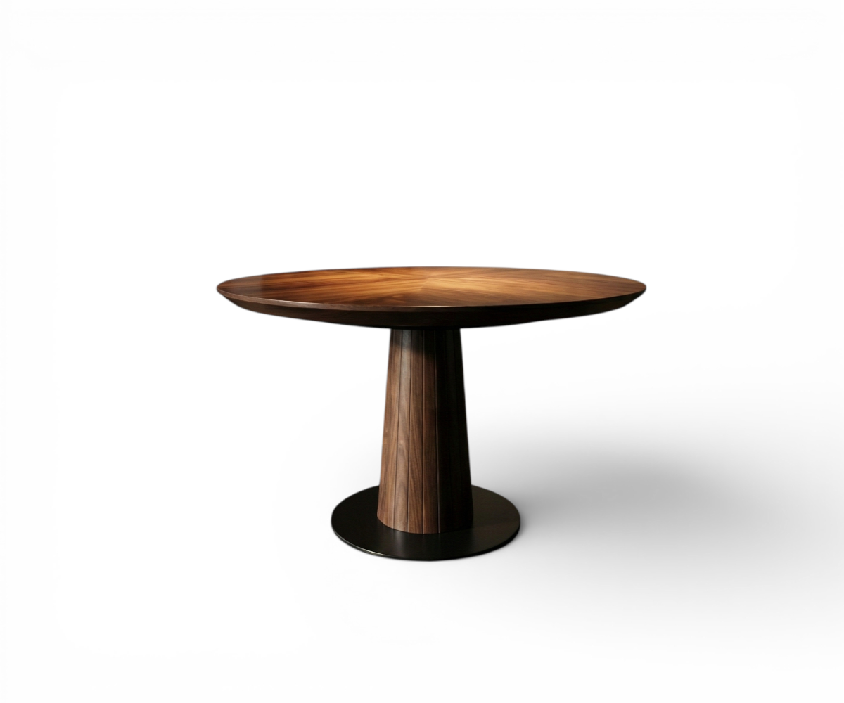 Horizon round pedestal table in a dark restaurant with fluted panelling
