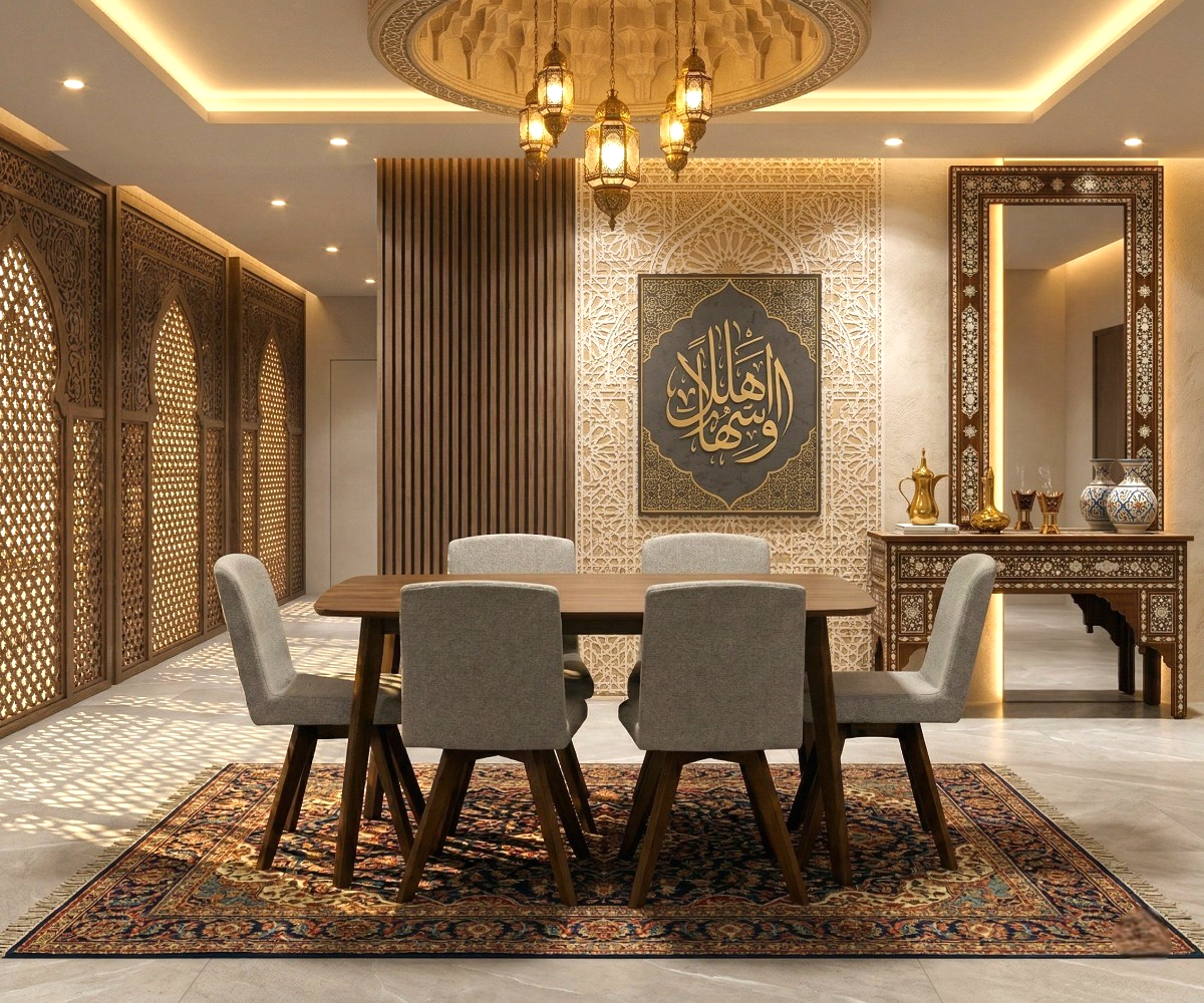 HV DALI mid-century grey and walnut dining set in an Arabic-panelled room