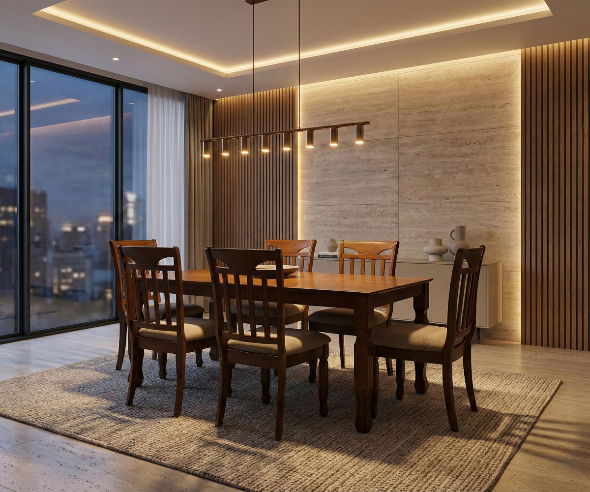 HV DOHA walnut turned leg dining set in a city-view dining room
