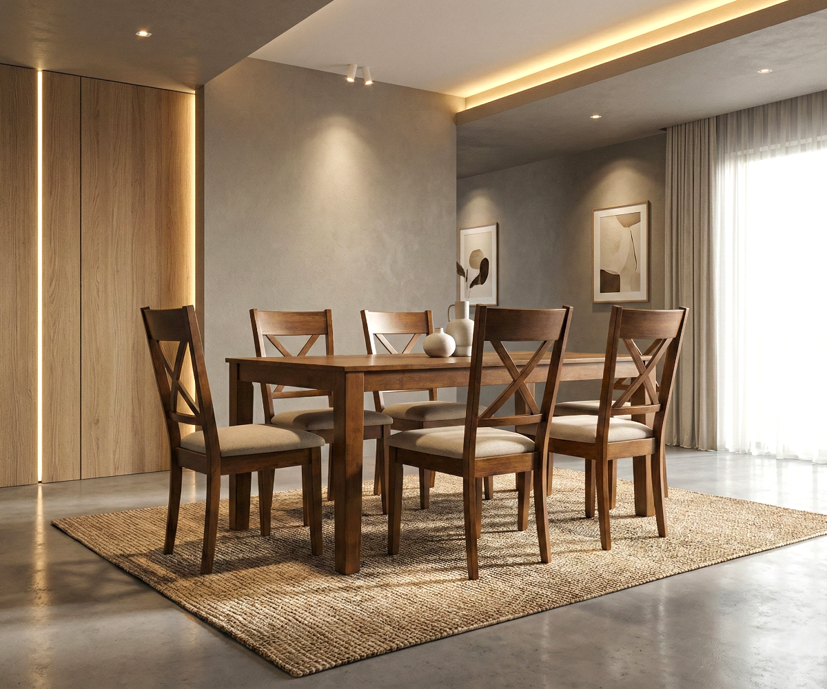 HV DOLLY honey oak dining set in a warm dining room on a jute rug