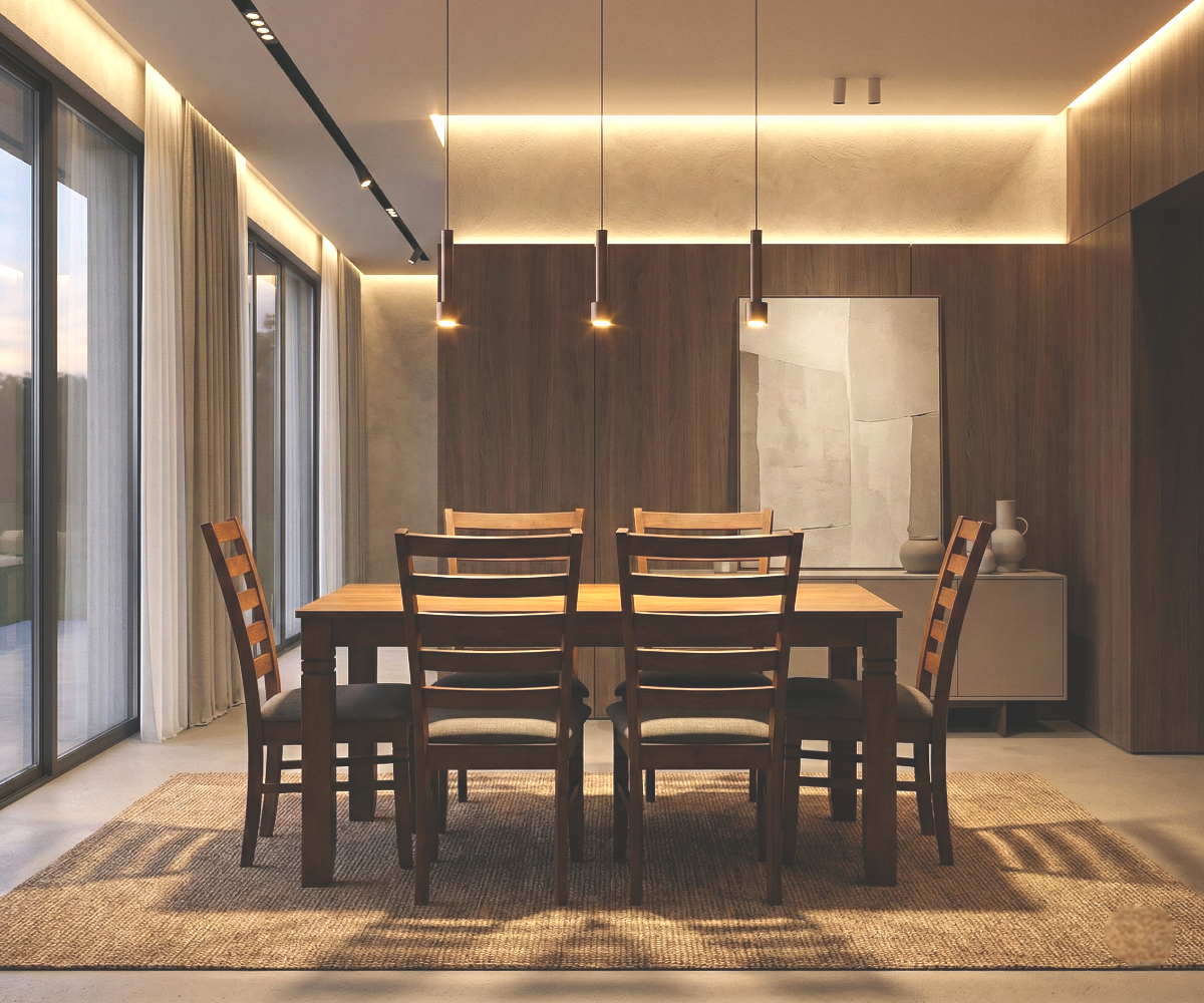 HV DORSETT warm chestnut dining set in a lit wood-panelled dining room