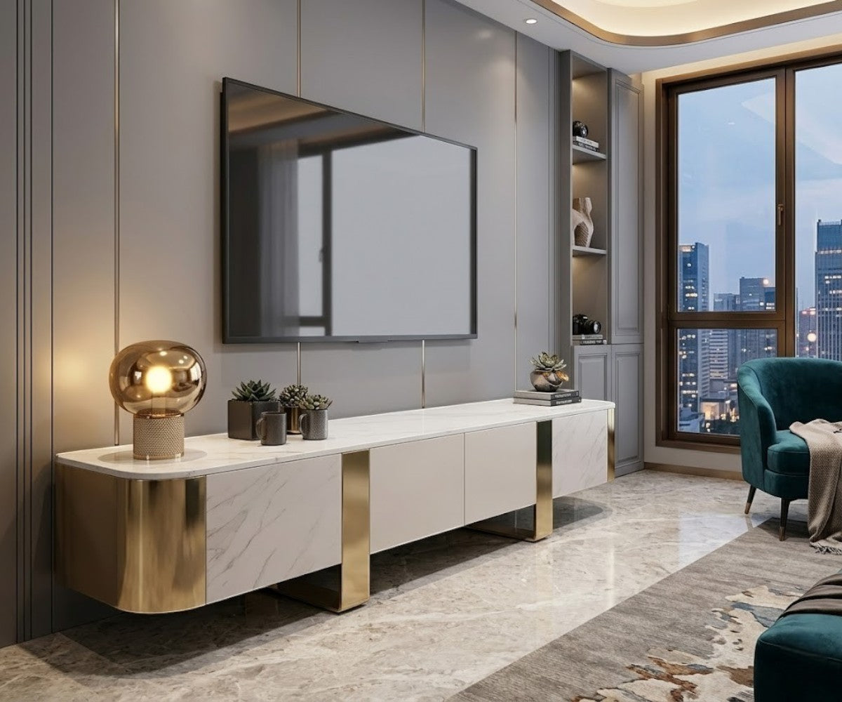 ID-5 white minimalist cabinet beneath a wall-mounted TV with gold plinths