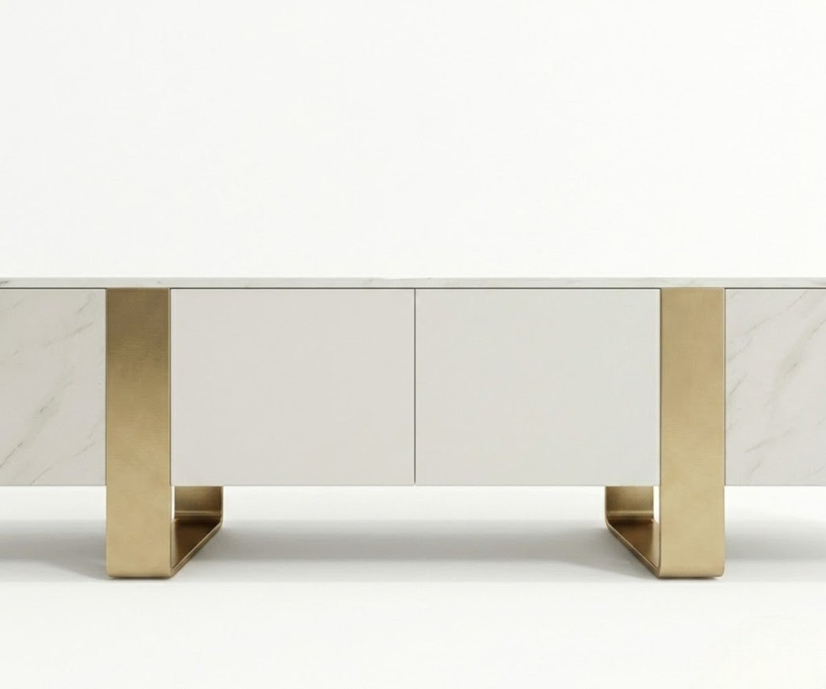 ID-5 white minimalist cabinet beneath a wall-mounted TV with gold plinths