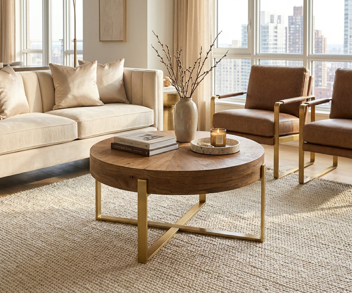 ID-6 oak round table in a bright city-view living room
