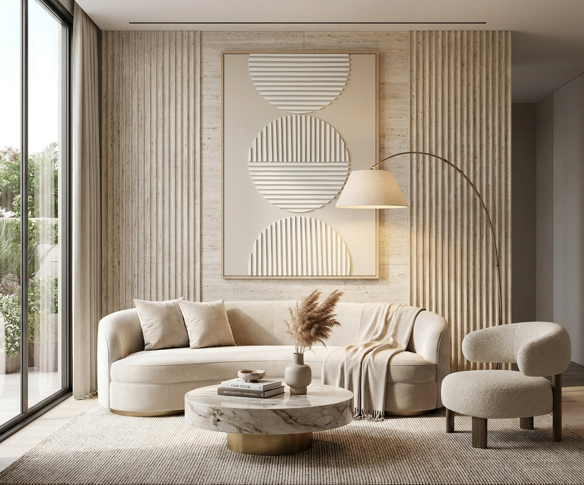 ID-FR14 arts frame, circle relief canvas above a cream sofa by tall windows