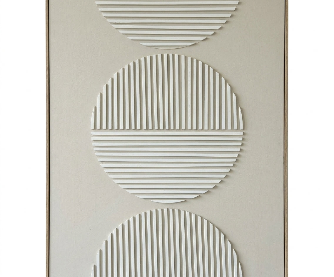 ID-FR14 arts frame, circle relief canvas above a cream sofa by tall windows