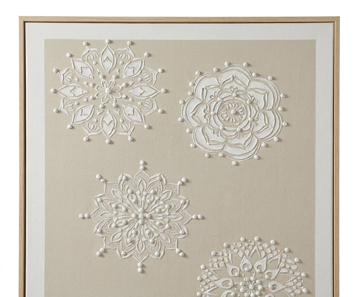ID-FR15 arts frame, mandala relief canvas above a stone console table