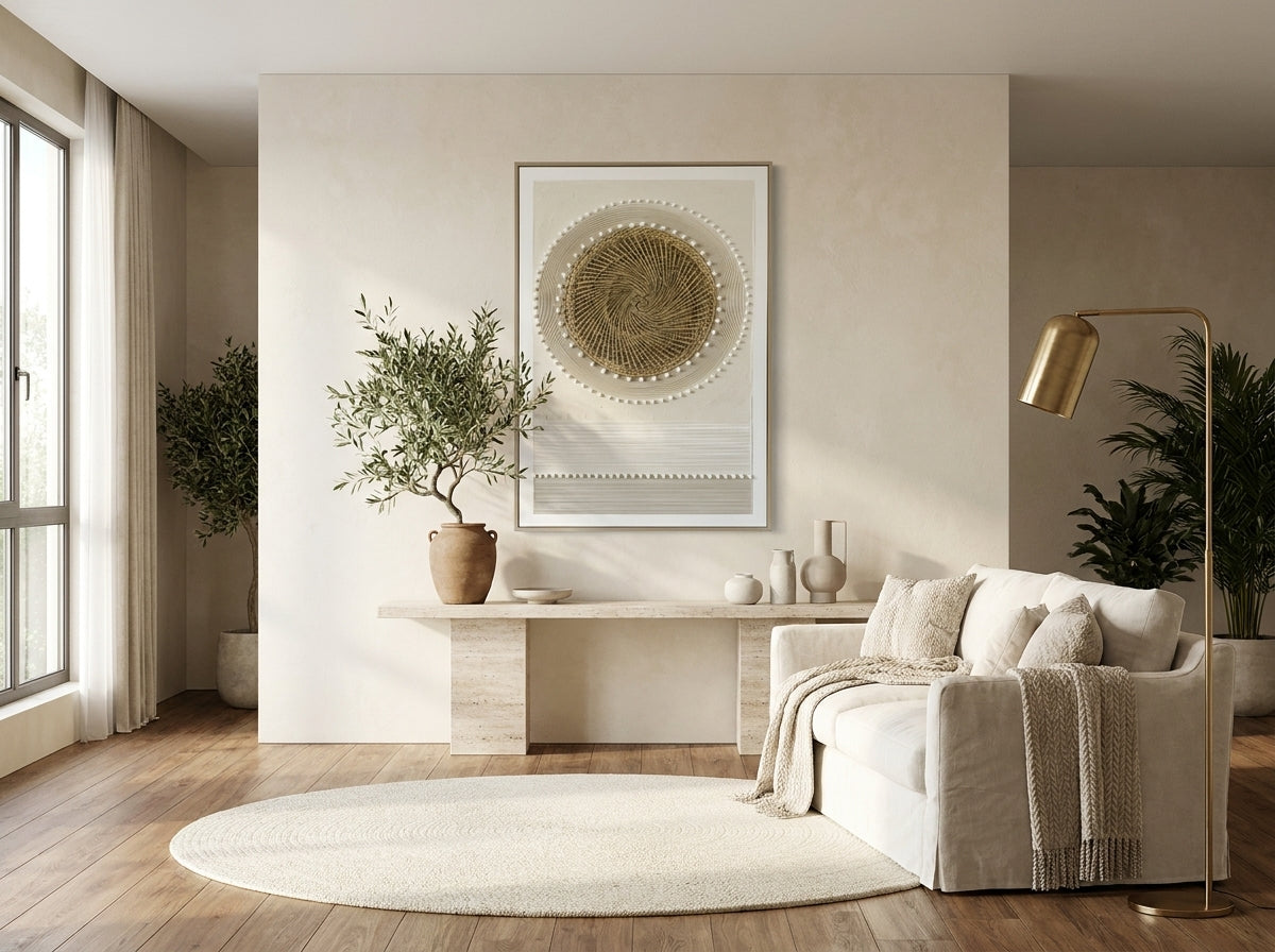 ID-FR16 arts frame, woven gold disc canvas above a cream sofa