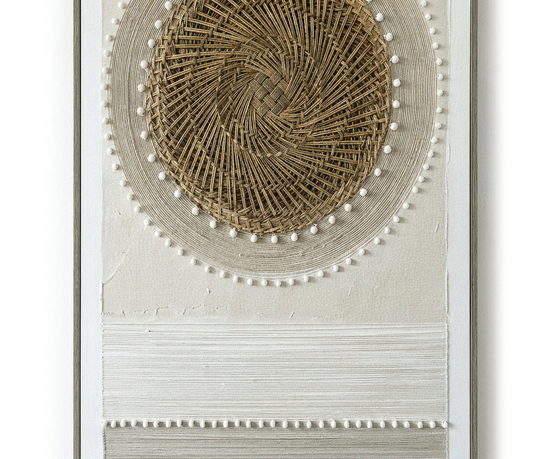 ID-FR16 arts frame, woven gold disc canvas above a cream sofa