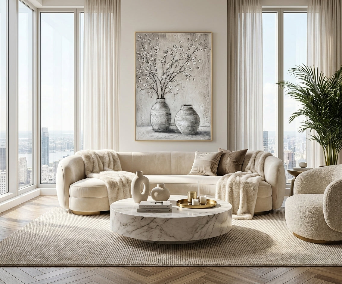 ID-FR17 arts frame, blossom and vase canvas above a curved boucle sofa
