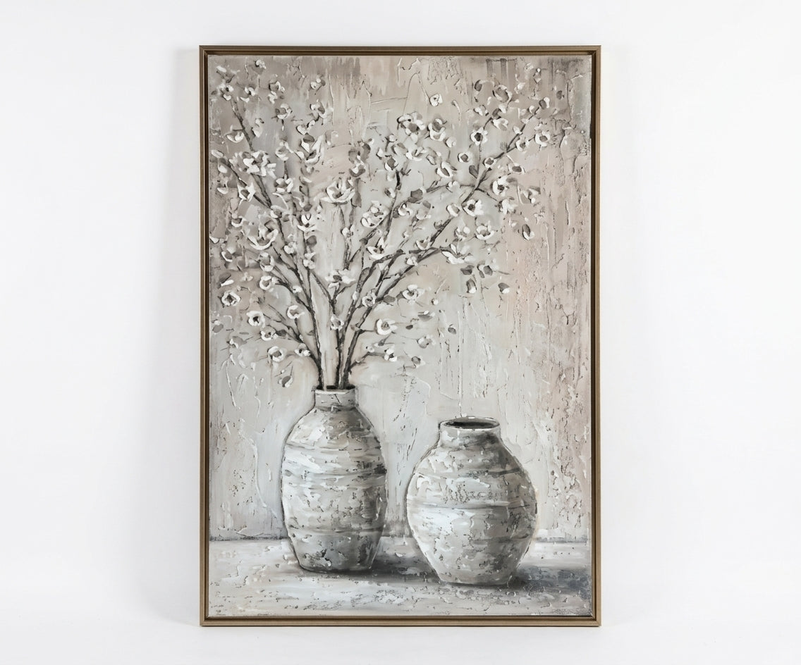 ID-FR17 arts frame, blossom and vase canvas above a curved boucle sofa