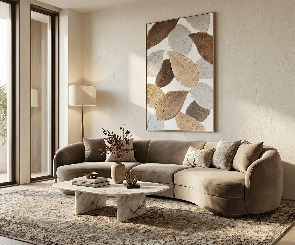 ID-FR18 arts frame, gold leaf canvas above a curved sofa in a bright room
