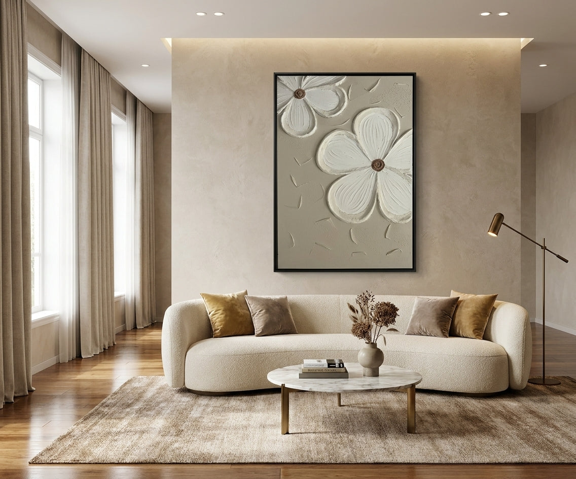 ID-FR20 arts frame, white blossom relief above a curved cream sofa