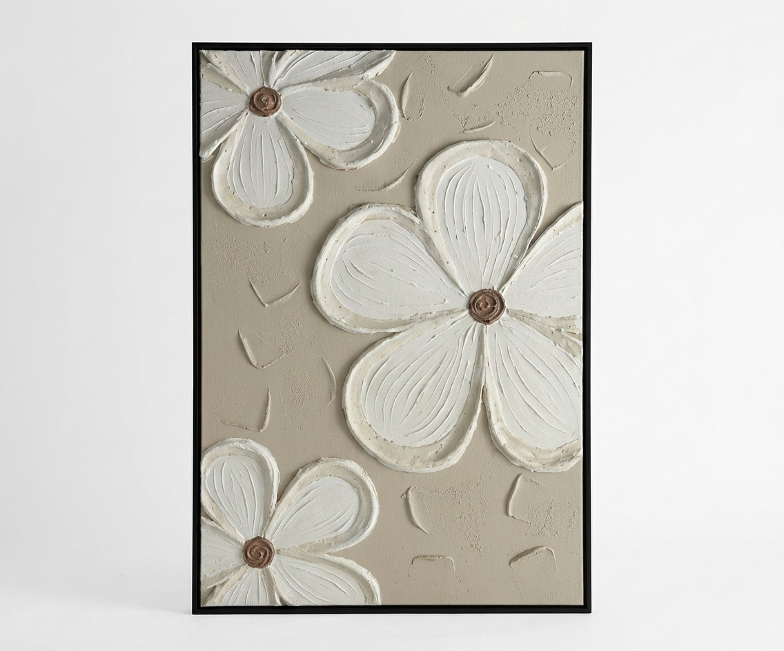 ID-FR20 arts frame, white blossom relief above a curved cream sofa