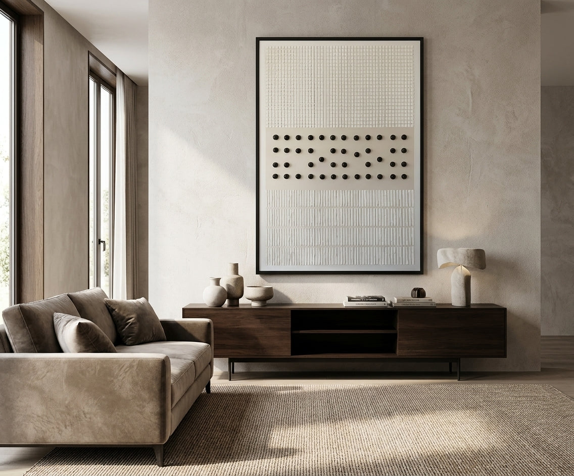 ID-FR21 arts frame, dotted grid canvas above a walnut media unit