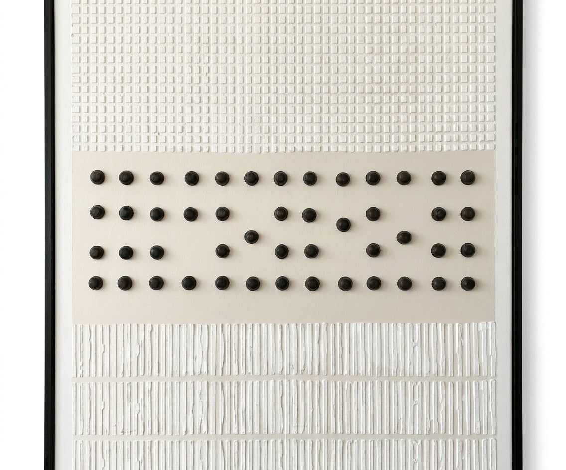 ID-FR21 arts frame, dotted grid canvas above a walnut media unit