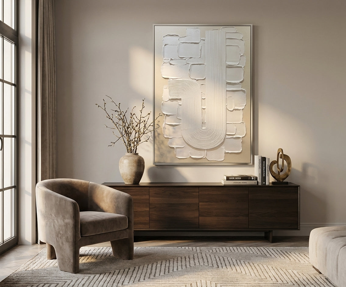 ID-FR22 arts frame, abstract relief canvas above a walnut sideboard
