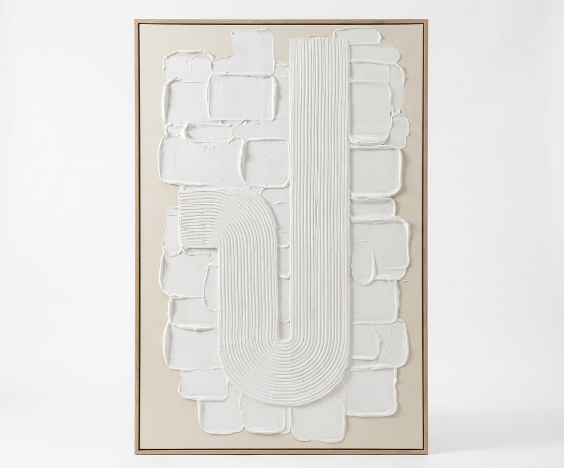 ID-FR22 arts frame, abstract relief canvas above a walnut sideboard