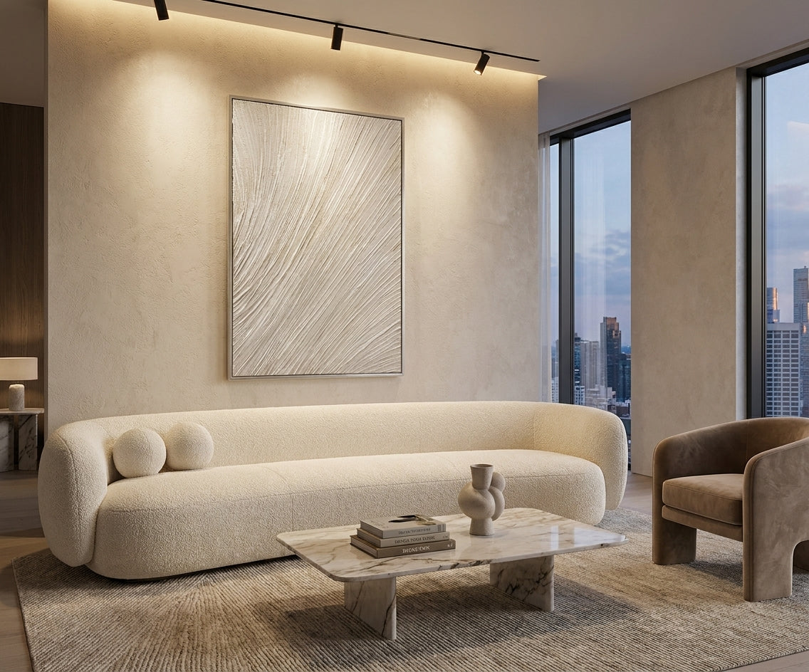 ID-FR24 arts frame, textured canvas above a curved boucle sofa