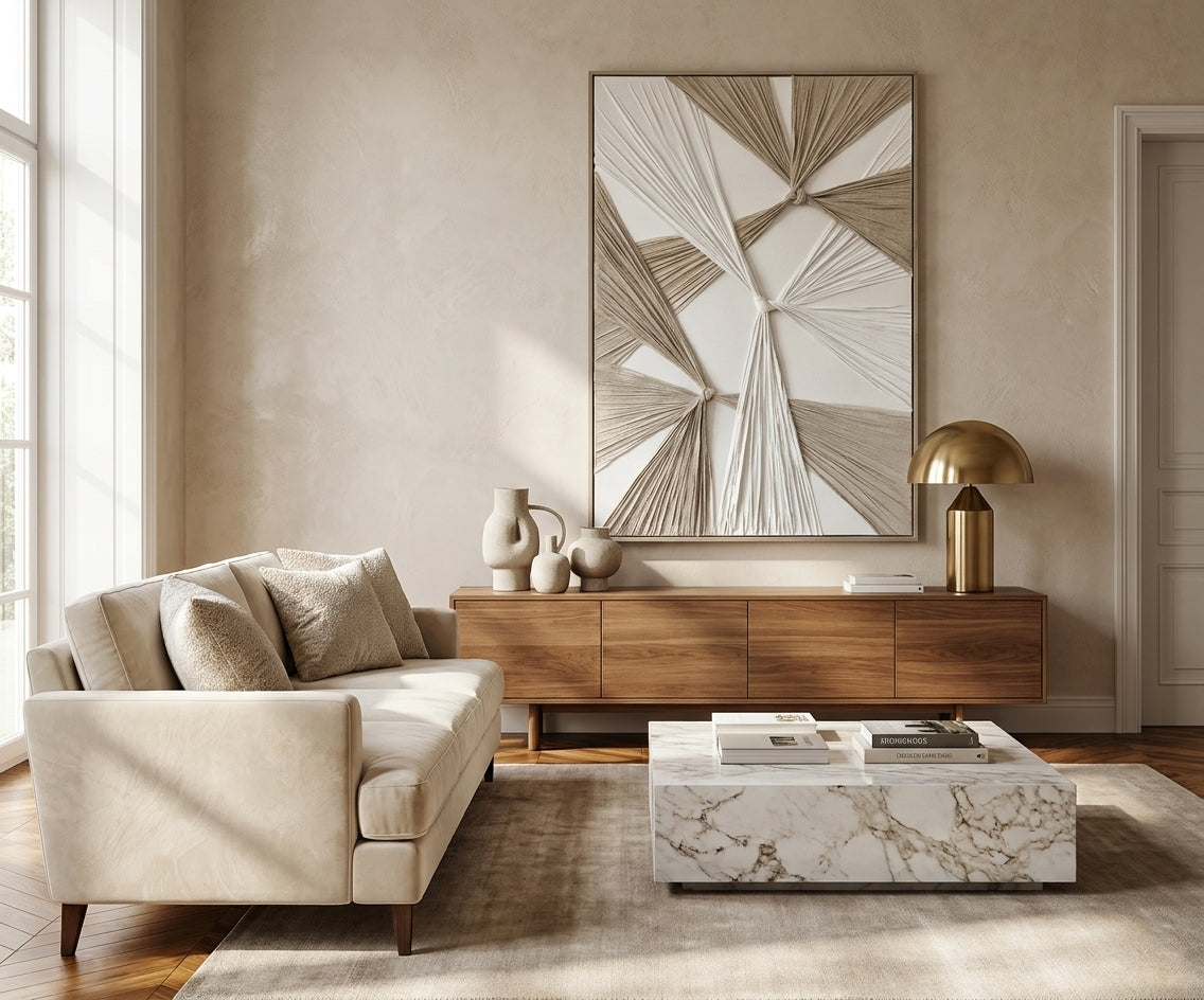 ID-FR25 arts frame, woven fibre wall art above a walnut sideboard