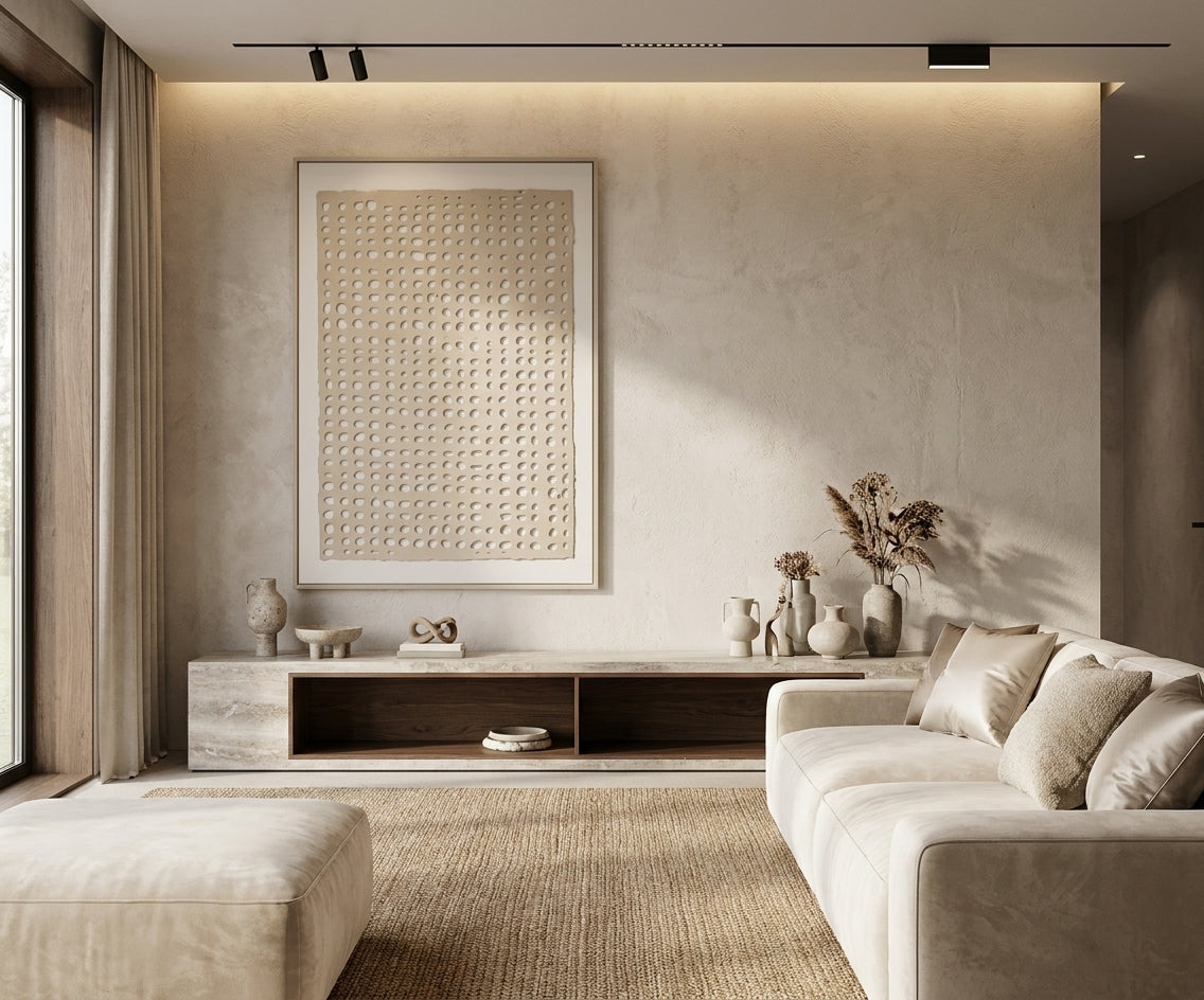 ID-FR26 arts frame, textured grid canvas above a stone media unit