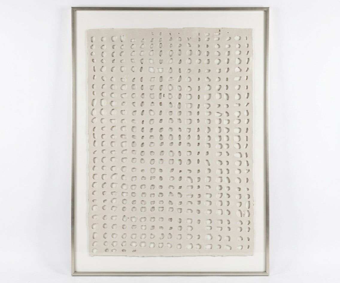 ID-FR26 arts frame, textured grid canvas above a stone media unit