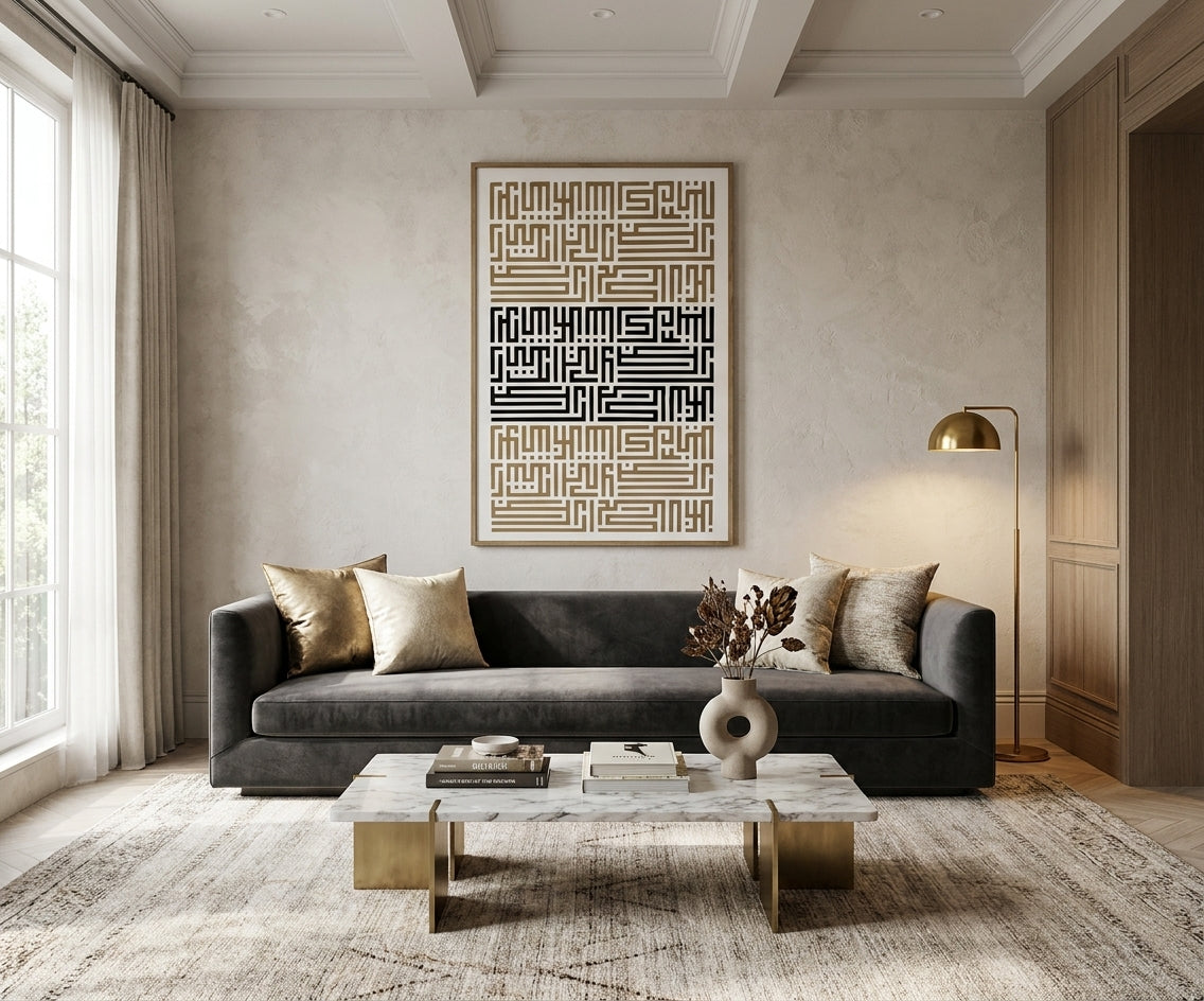 ID-FR27 arts frame, Kufic calligraphy panel above a dark velvet sofa