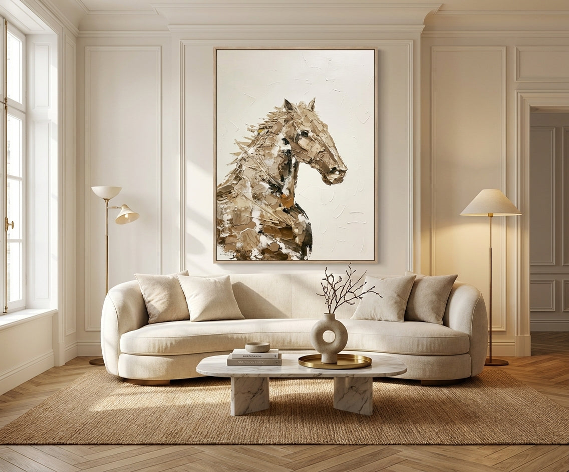 ID-FR28 arts frame, horse portrait canvas above a curved cream sofa