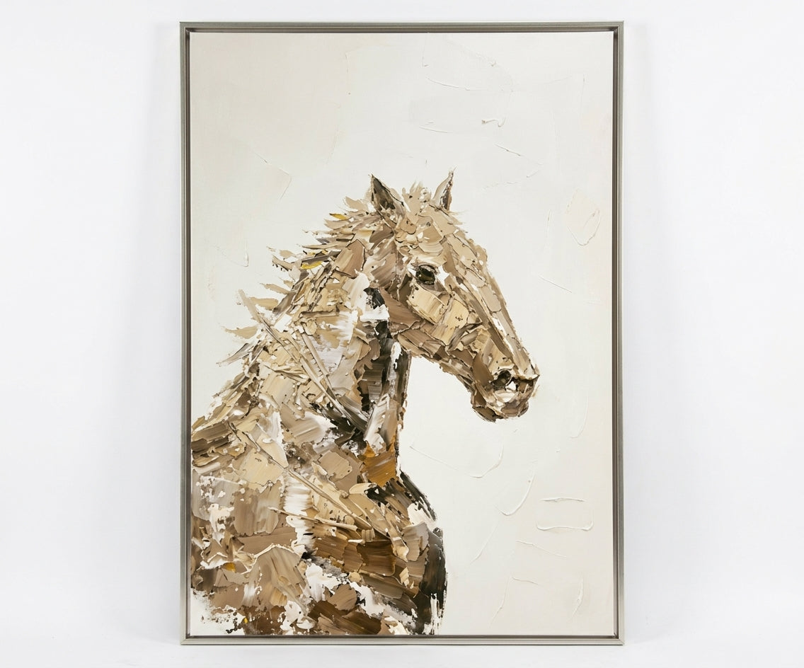 ID-FR28 arts frame, horse portrait canvas above a curved cream sofa