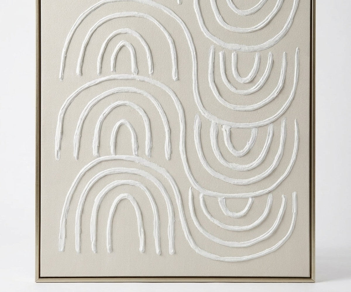 ID-FR32 arts frame, ribbed arch relief above a curved cream sofa