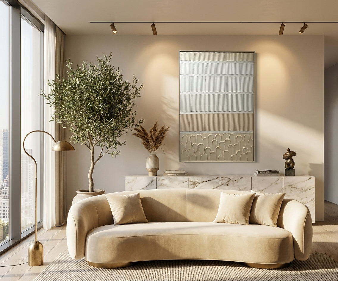 ID-FR4 arts frame, layered texture canvas above a marble sideboard