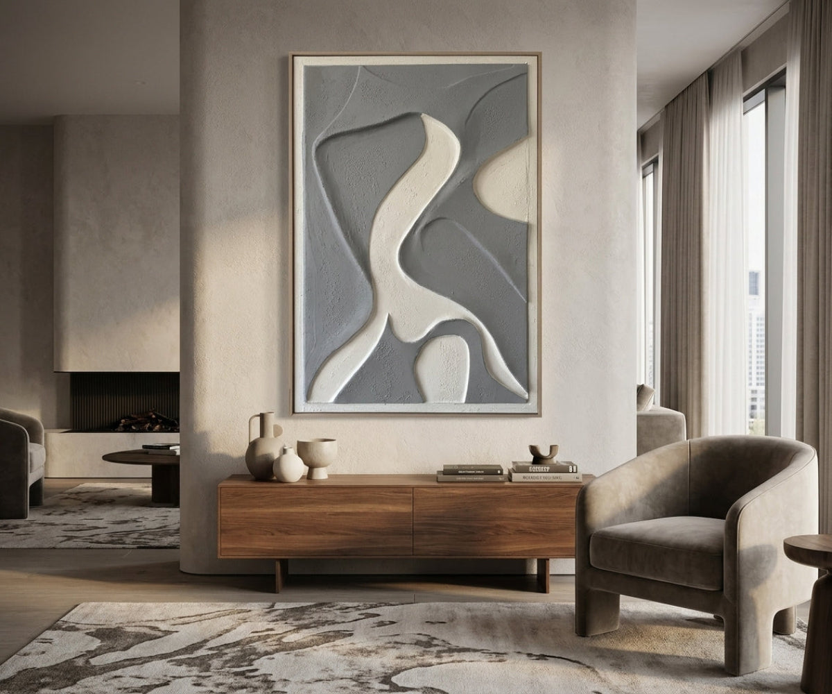 ID-FR59 arts frame, grey curve relief above a walnut sideboard
