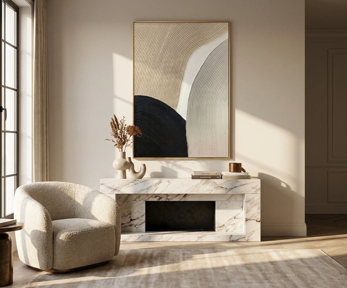 ID-FR6 arts frame, navy and cream arc canvas above a marble fireplace