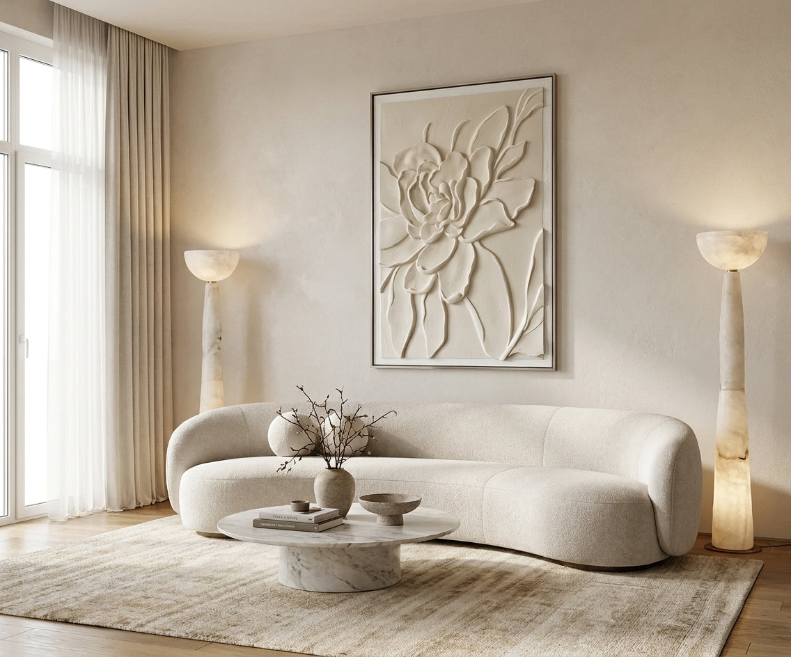 ID-FR61 arts frame, floral relief canvas above a curved boucle sofa