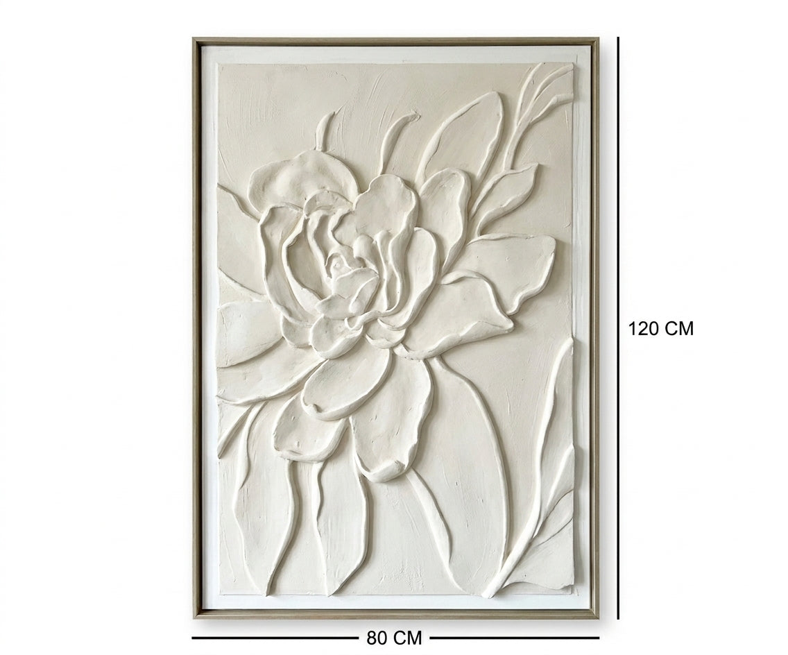 ID-FR61 arts frame, floral relief canvas above a curved boucle sofa