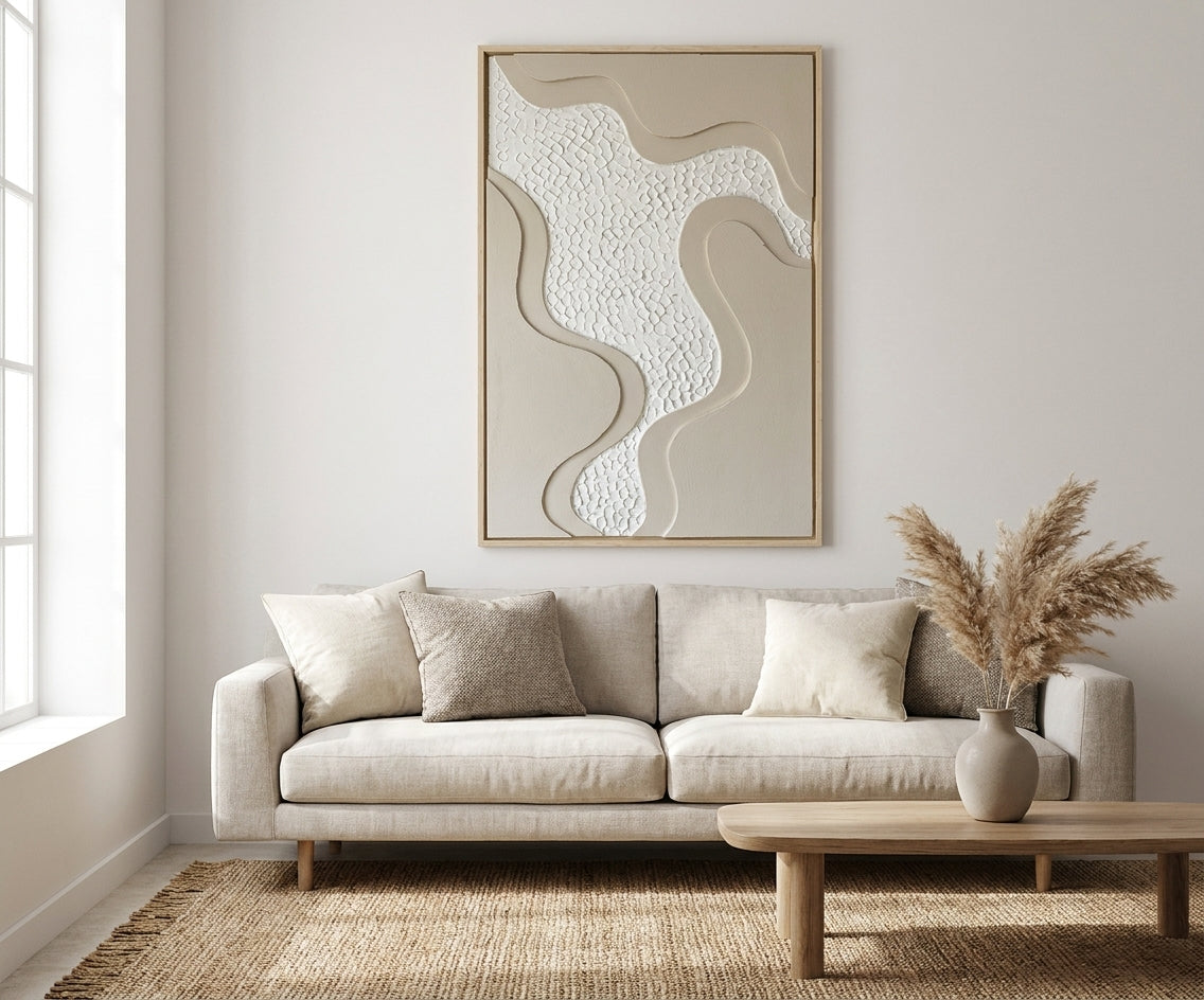 ID-FR62 arts frame, ribbon relief canvas above a cream sofa