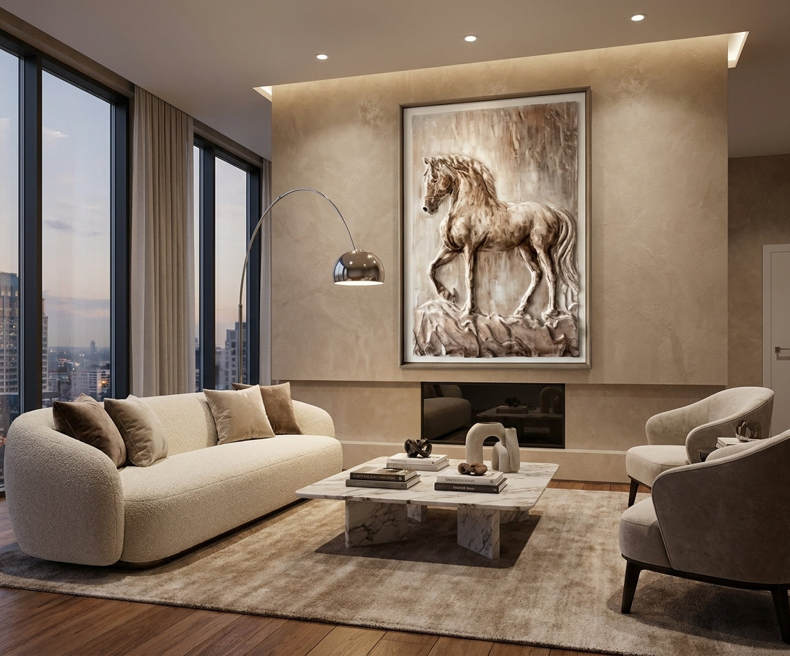 ID-FR64 arts frame, horse relief canvas above a fireplace in a city-view room