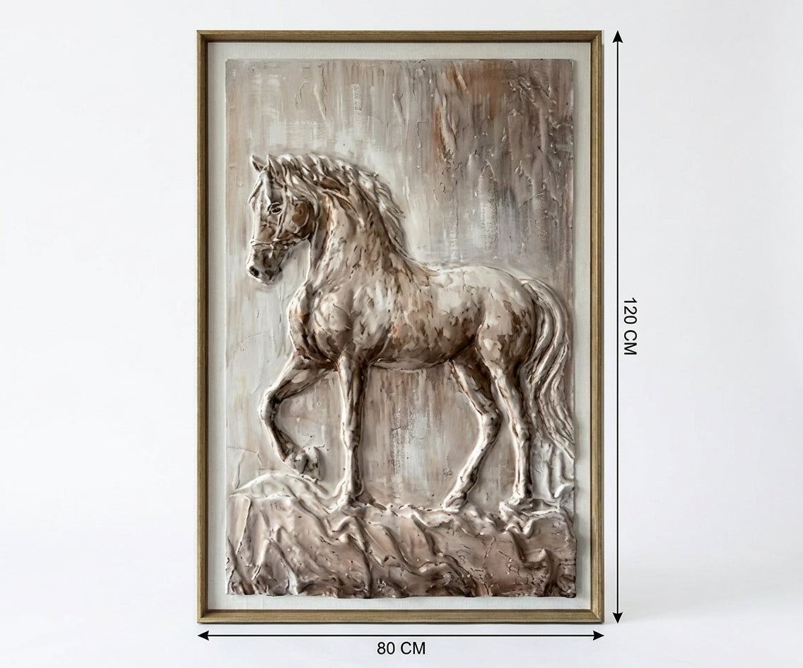 ID-FR64 arts frame, horse relief canvas above a fireplace in a city-view room