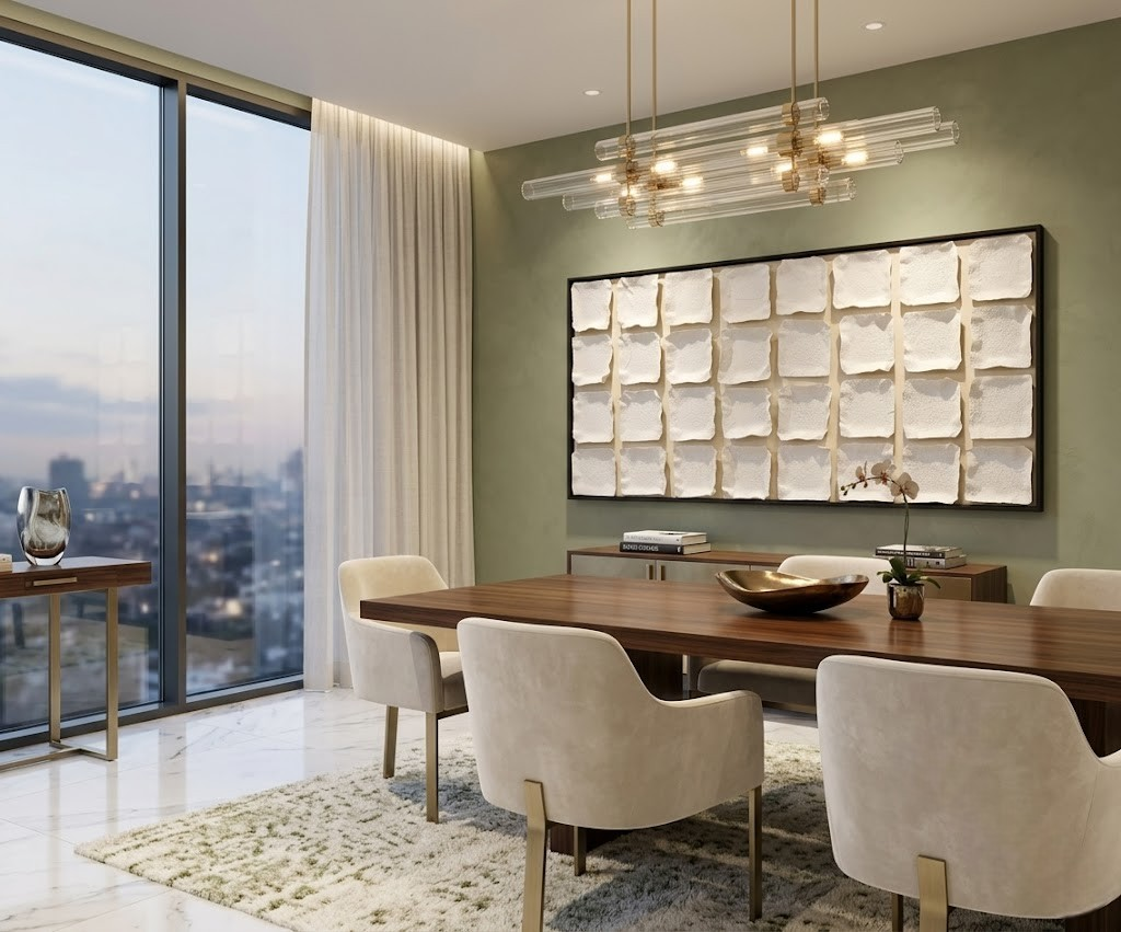 ID-FR65 arts frame, panel grid canvas above a dining table on a green wall