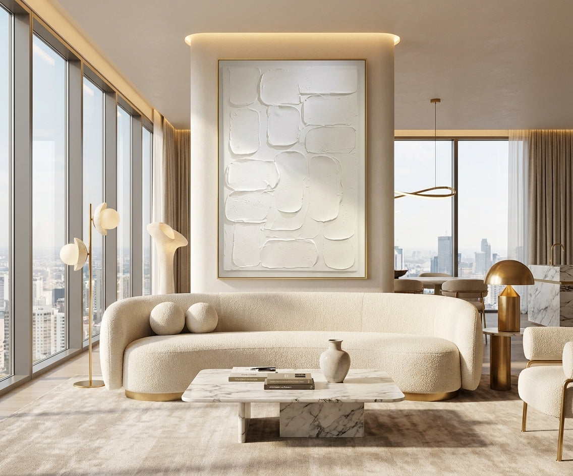 ID-FR7 arts frame, pebble relief canvas above a curved boucle sofa