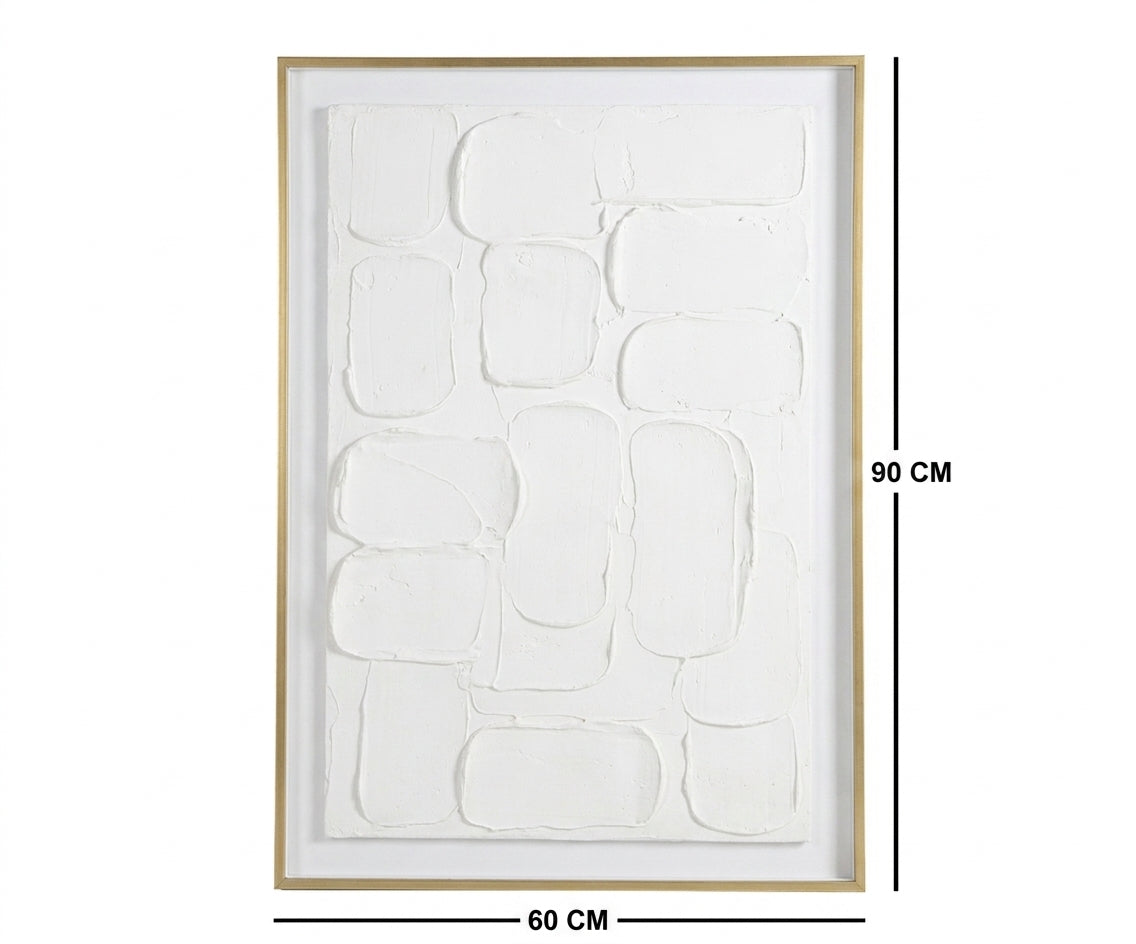 ID-FR7 arts frame, pebble relief canvas above a curved boucle sofa